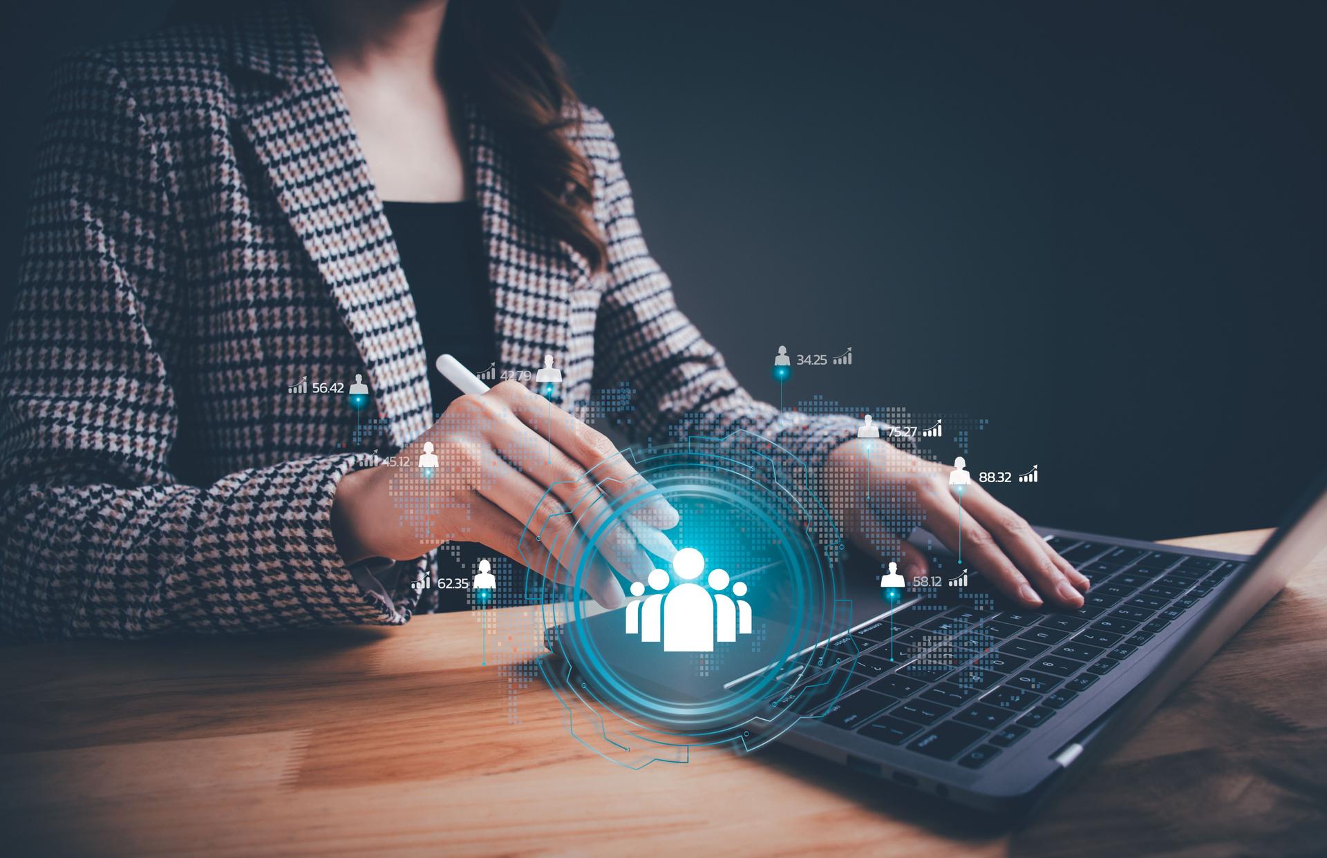 Businesswoman holding circle global network connection. Customer network technology. Customer service, Social, Digital marketing online, Customer Relationship Management, Data exchanges development.