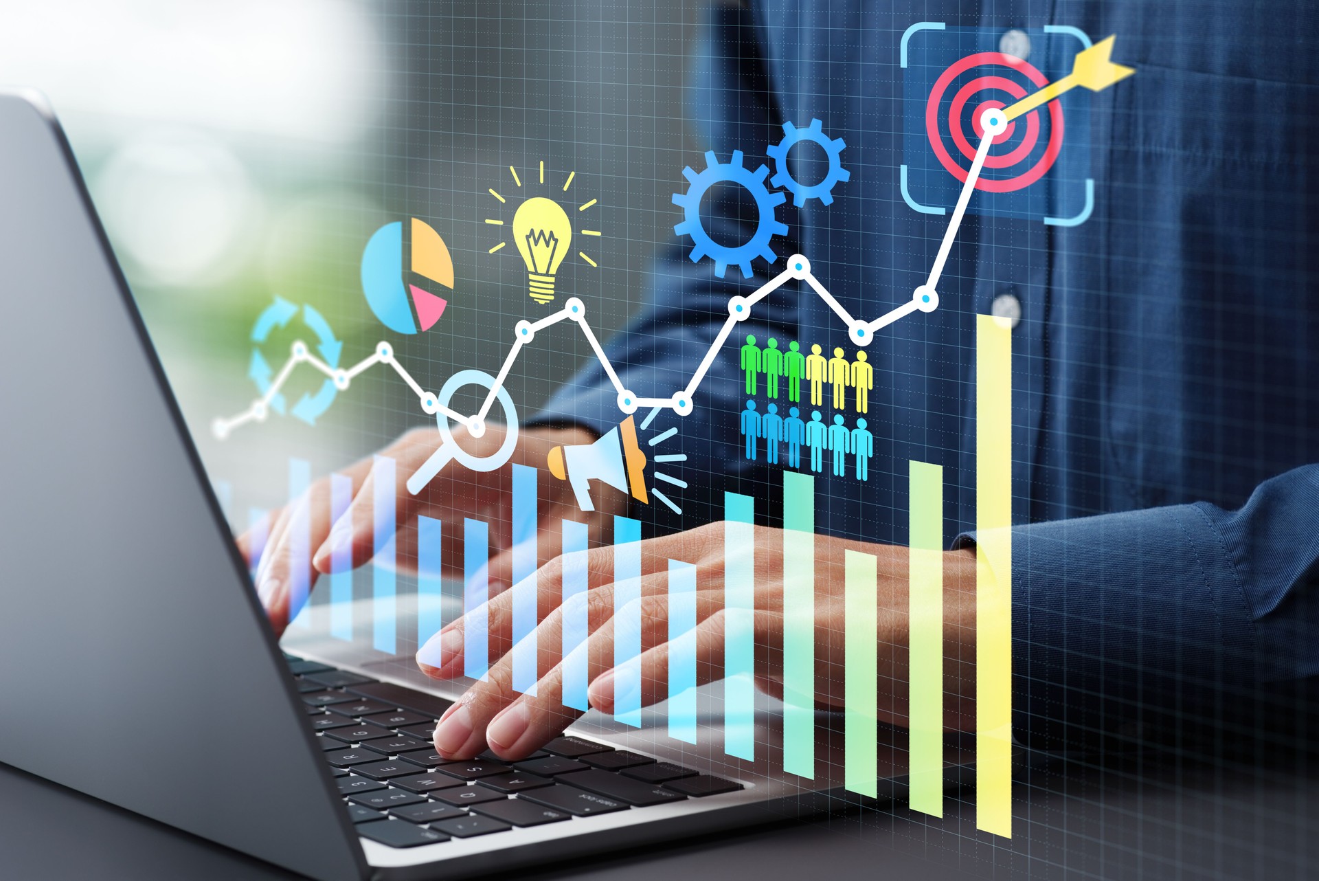 Setting performance goals and planning strategies to achieve targets. Performance graphs and business icons. Businessman using laptop computer to track performance.
