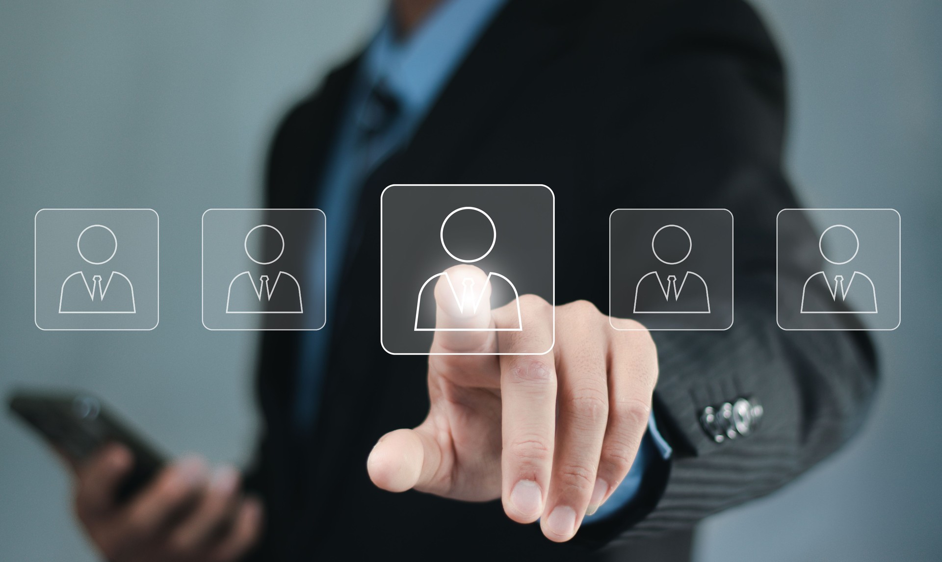 businessman, community, employment, executive, group, human, job, leader. A man is pressing a button on a screen with a person icon. Concept of making a decision or taking action.